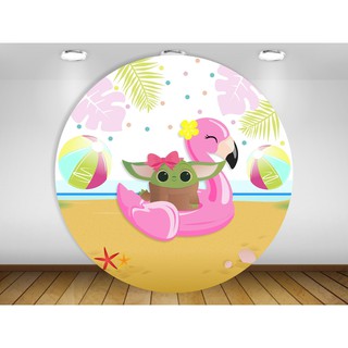 Painel de festa redondo Baby Yoda Decoração Festa na Piscina Poolparty boia flamingo