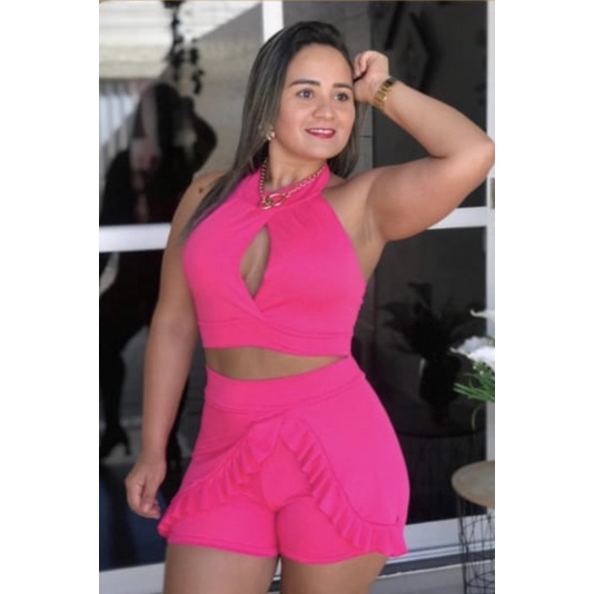 Conjunto Cropped Com Short Saia . | Shopee Brasil