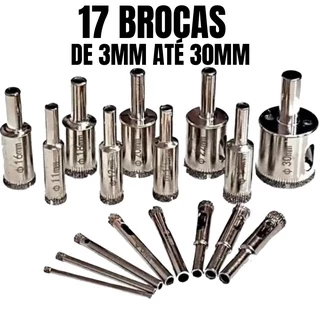 Kit 17 Jogo Serra Copo Broca Diamantada Porcelanato Vidro Ceramica Marmore 3 a 100mm N e Cortag Starrett