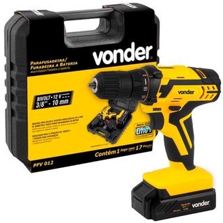 Parafusadeira/Furadeira a Bateria 12V Li-Ion 3/8 Pol. com Carregador Bivolt Maleta e Acessórios + Trena de Brinde Vonder modelo PFV012