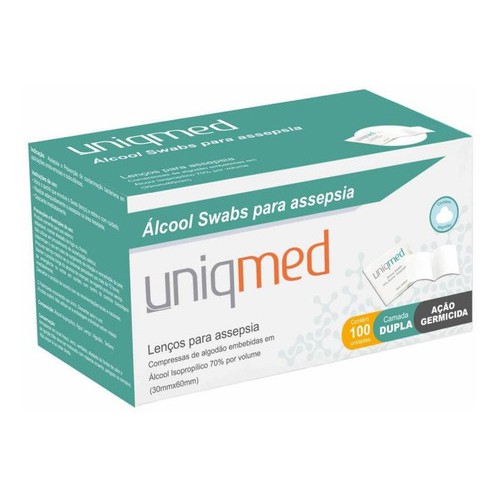Álcool Swab 70% Saches Lenços Umedecidos Uniqmed 100 unidades