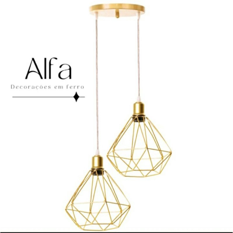Pendente Diamante Aramado Duplo Dourado Canopla Única Cabo Cristal