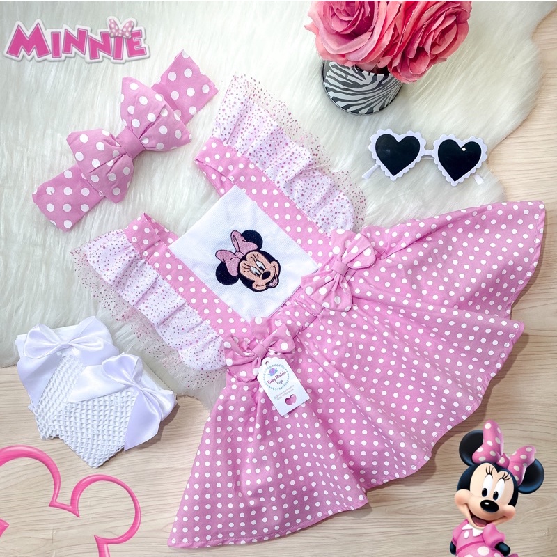 Romper Minnie Minie Rosa baby Salopete Fantasia Vestido Infantil Bebê Disney Vermelha