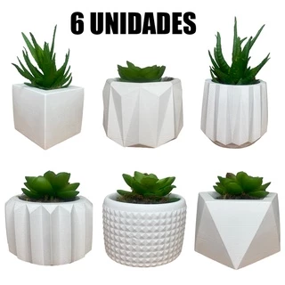 Kit 6 Unidades Vaso Decorativo de Gesso Texturizado para Suculentas, Cactus e Plantas