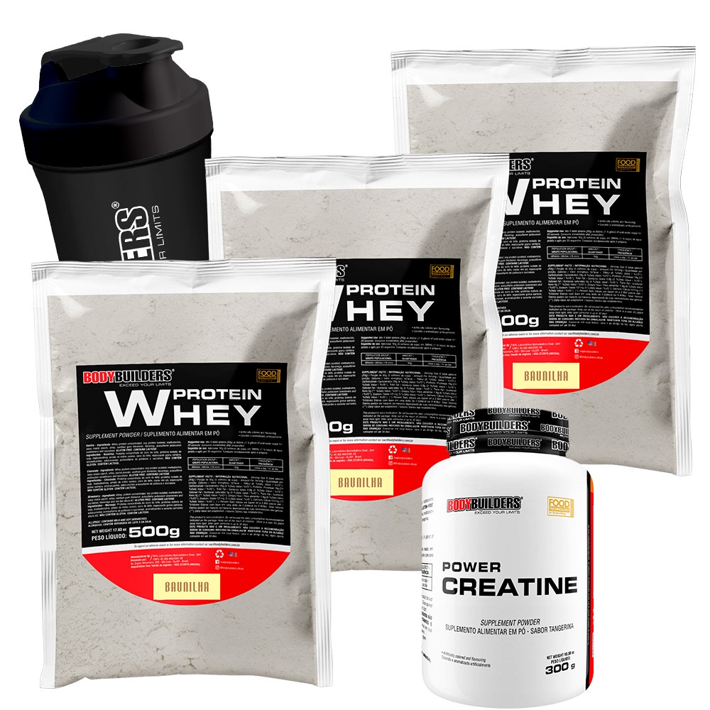 Kit 3x Kit Whey Protein Concentrado em Blend Proteico 500g + Power Creatina 300g + Coqueteleira – Suplementos Para Fitness e Atletas – Bodybuilders