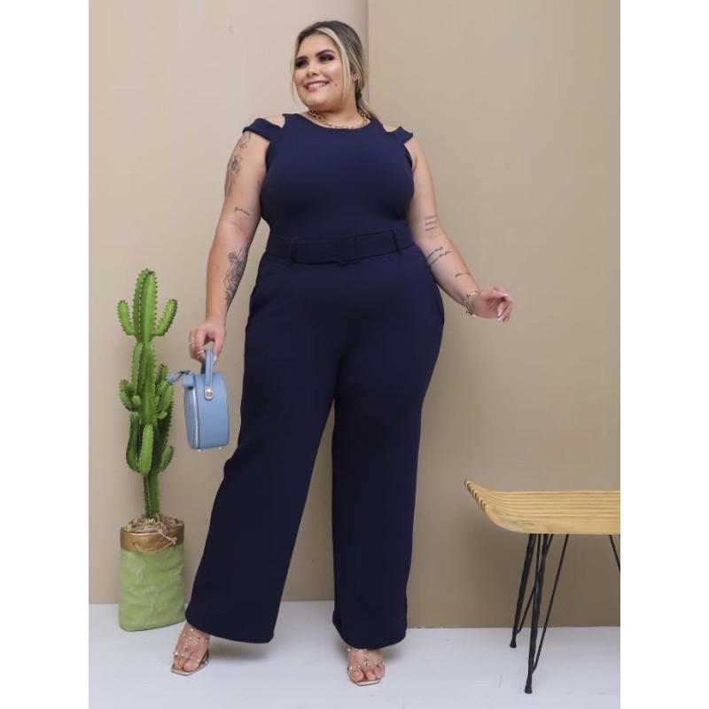 Macac o longo pantalona com cinto azul marinho plus size