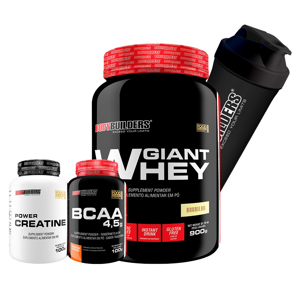 Kit Whey Protein Giant Whey 900g + BCAA 4,5 100g + Power Creatina 100g + Coqueteleira – Suplementos de Alta Performance para Potencialização de Treinos – Bodybuilders