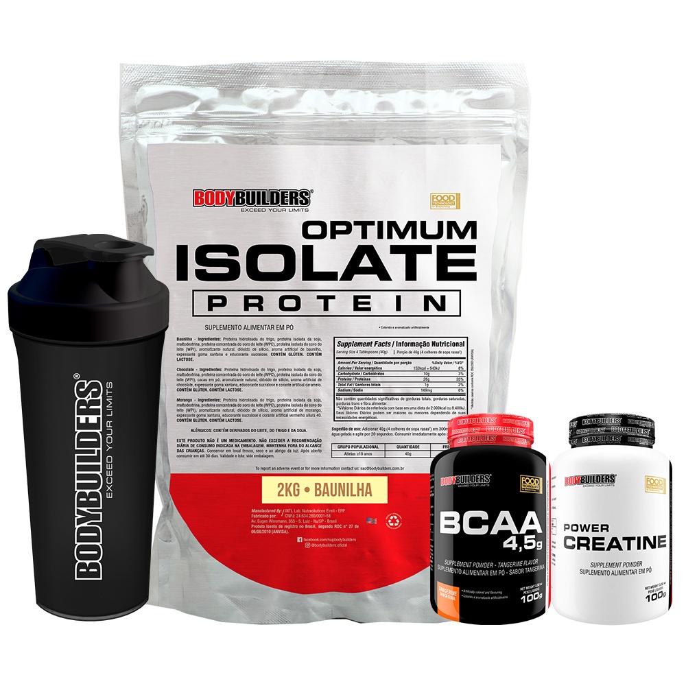 Kit Whey Protein Optimum Isolate 2kg + BCAA 100g + Power Creatina 100g + Coqueteleira – Bodybuilders Kit para academia e fitness