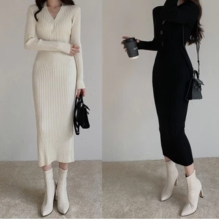 Vestido De Lã Feminino Com Decote Em V De Malha