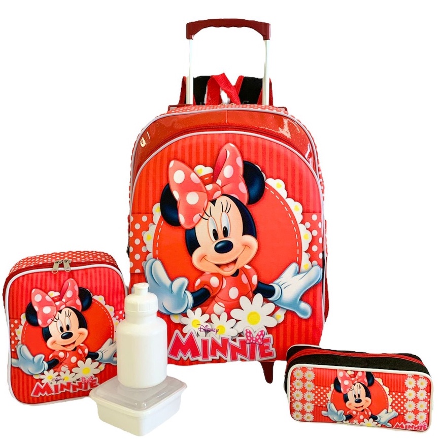 Kit Mochila Escolar Minnie Mouse Flores Tam M Rodinhas Lancheira F5