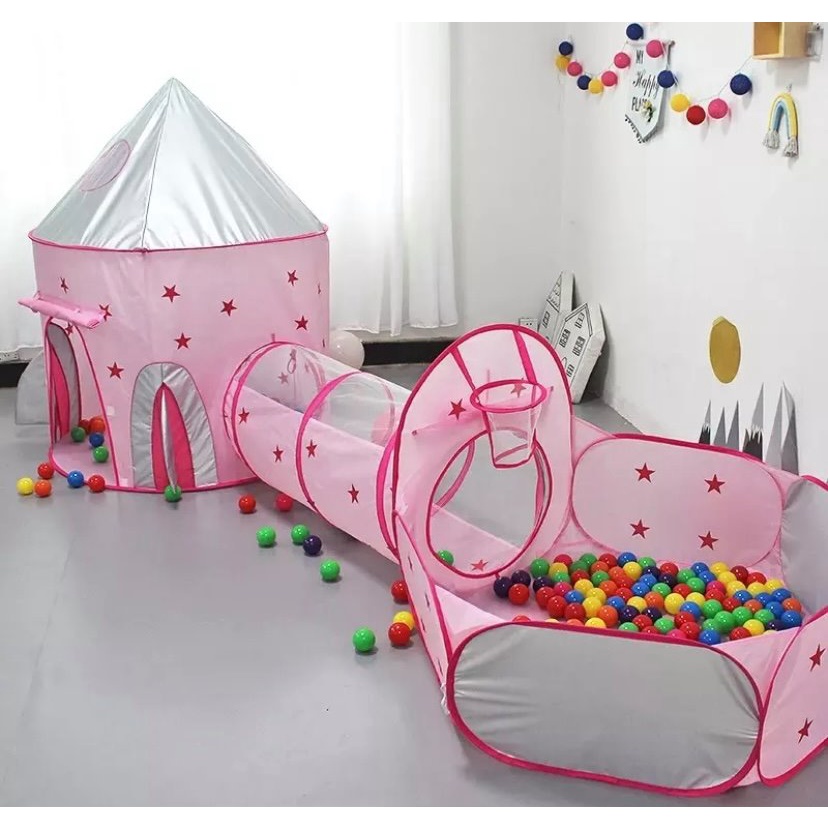 Barraca Tenda Tunel 3x1 Infantil Rosa Piscina Para Bolinha Astronaltas com Cesta Basquete Playground
