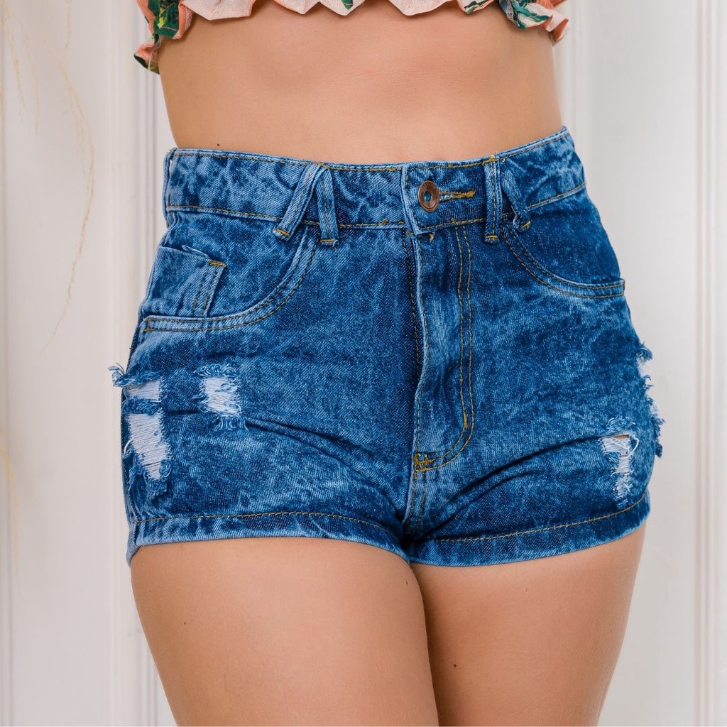 Short Jeans Feminino Cintura Alta Destroyed Hot Pants Barra