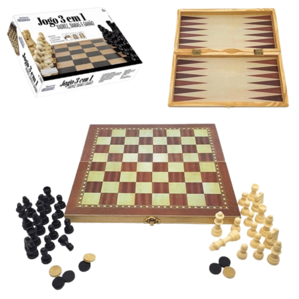 Jogo tabuleiro 3 em 1 xadrez dama e gamao com maleta dobravel madeira