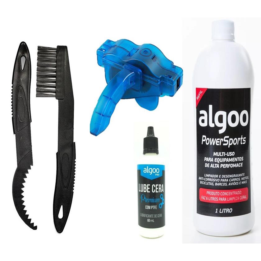 Kit Limpeza Bike Desengraxante 1L + Escova Limpador E Raspador K7 + Oleo Algoo Cera + Limpador Corrente