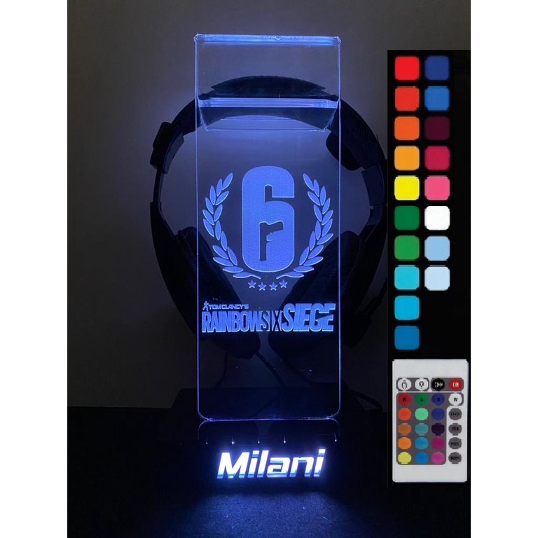 Suporte para Headset Fone RGB LED Rainbow Six Siege Com nome