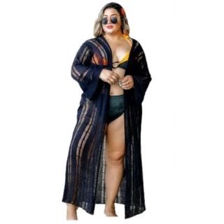 saída de praia tricot plus size manga 7/8 longa