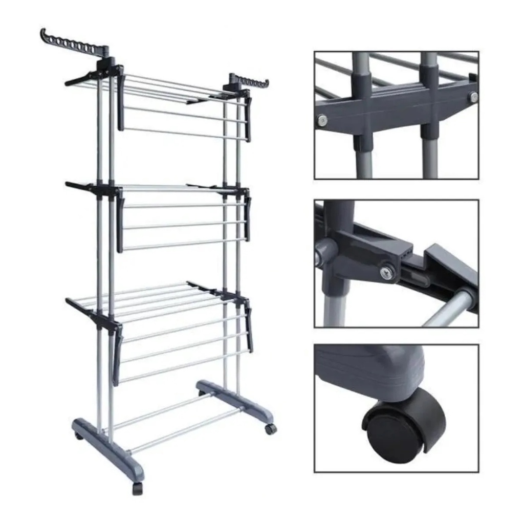 Super Varal 3 Andares Roupa Chão 4 Rodas Dobrável Cinza