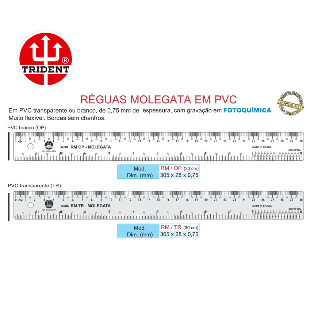 Régua Molegata Flexível PVC 30cm - Transparente - Branco - Opaco - Trident - Desetec