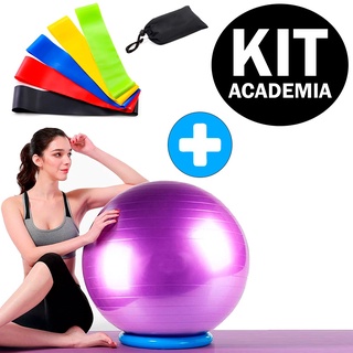 Kit Bola de Pilates 55cm + Balance Cushion + Anel de Pilates + Kit Faixa  Elástica 3 Tensões - Cinza