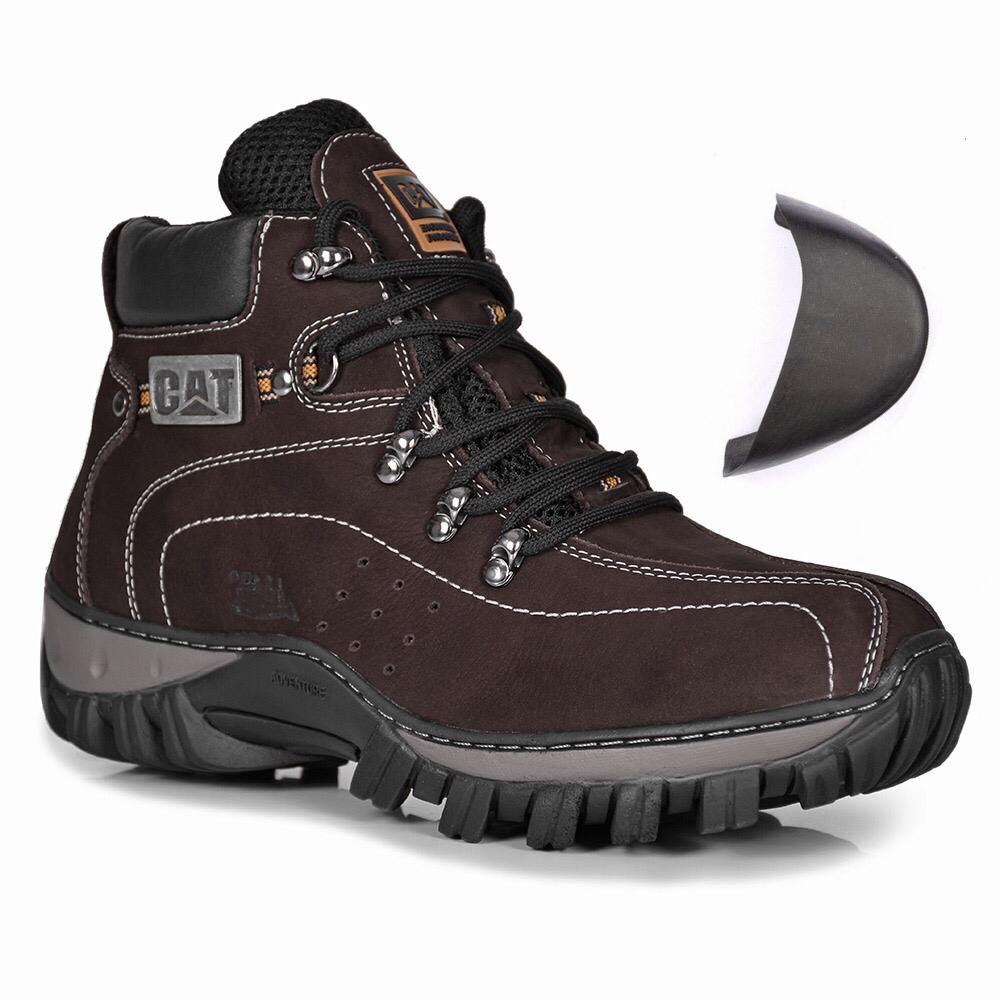 Bota Masculina Caterpillar Couro + Bico PVC Cor Marrom palmilha a Gel Impermeável.