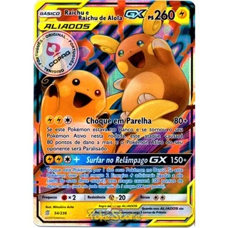 Carta Pokemon Raichu e Raichu de Alola GX Aliados Português 54/236 Original Copag