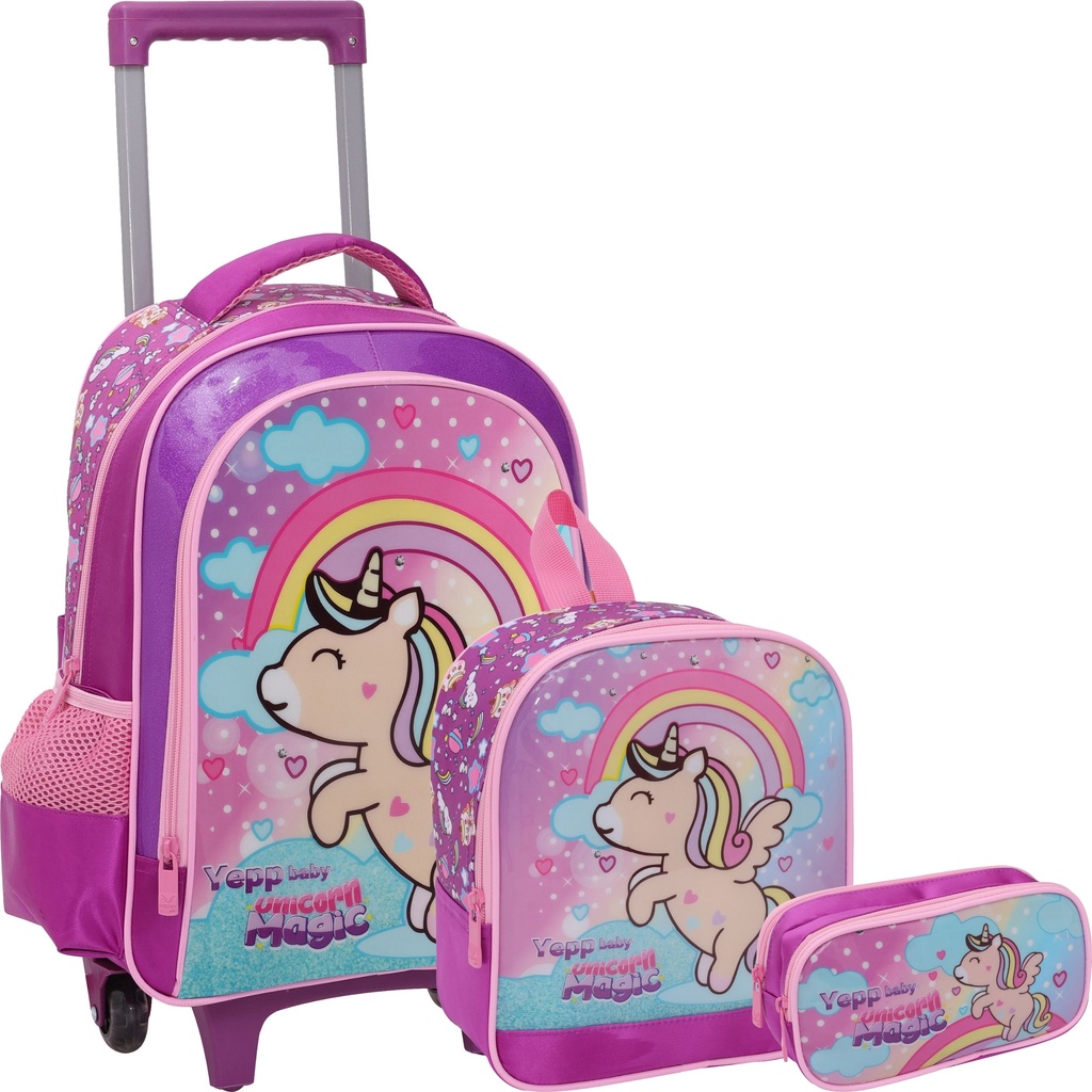 Mochila Infantil Rodinha Feminina Unicornio com Lancheira Estojo