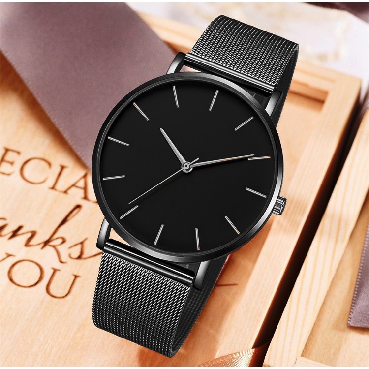 Relógio de Pulso Preto Minismalista Pulseira Malha Aço Quartzo