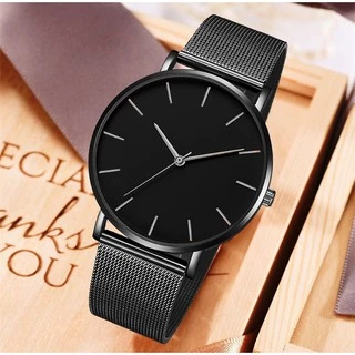 Relógio de Pulso Preto Minismalista Pulseira Malha Aço Quartzo