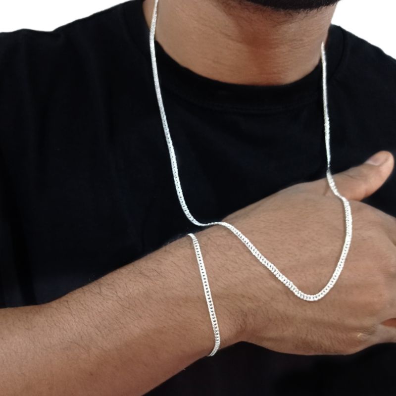 Corrente Cordão Masculino fino + Pulseira Grumet Dupla 2,5mm Banhada A Prata 925