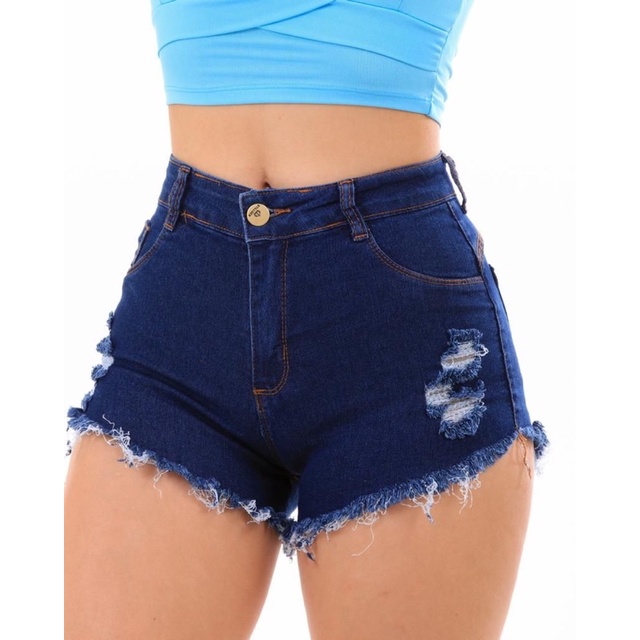 Shorts Jeans Bermuda Feminina Cintura Alta Cós Alto Luxo Destroyed Hot Pants Desfiado Blogueira