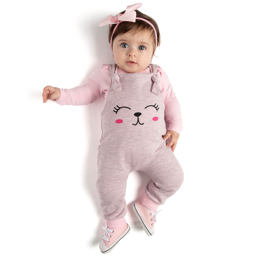 Roupa Bebê Menina Conjunto Infantil Macacão Jardineira Moletom de Inverno e Blusa Rosa