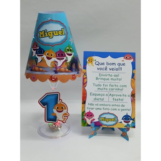 COMBO: 5 Abajures taça c/ LED + 5 Plaquinhas de agradecimento Baby Shark