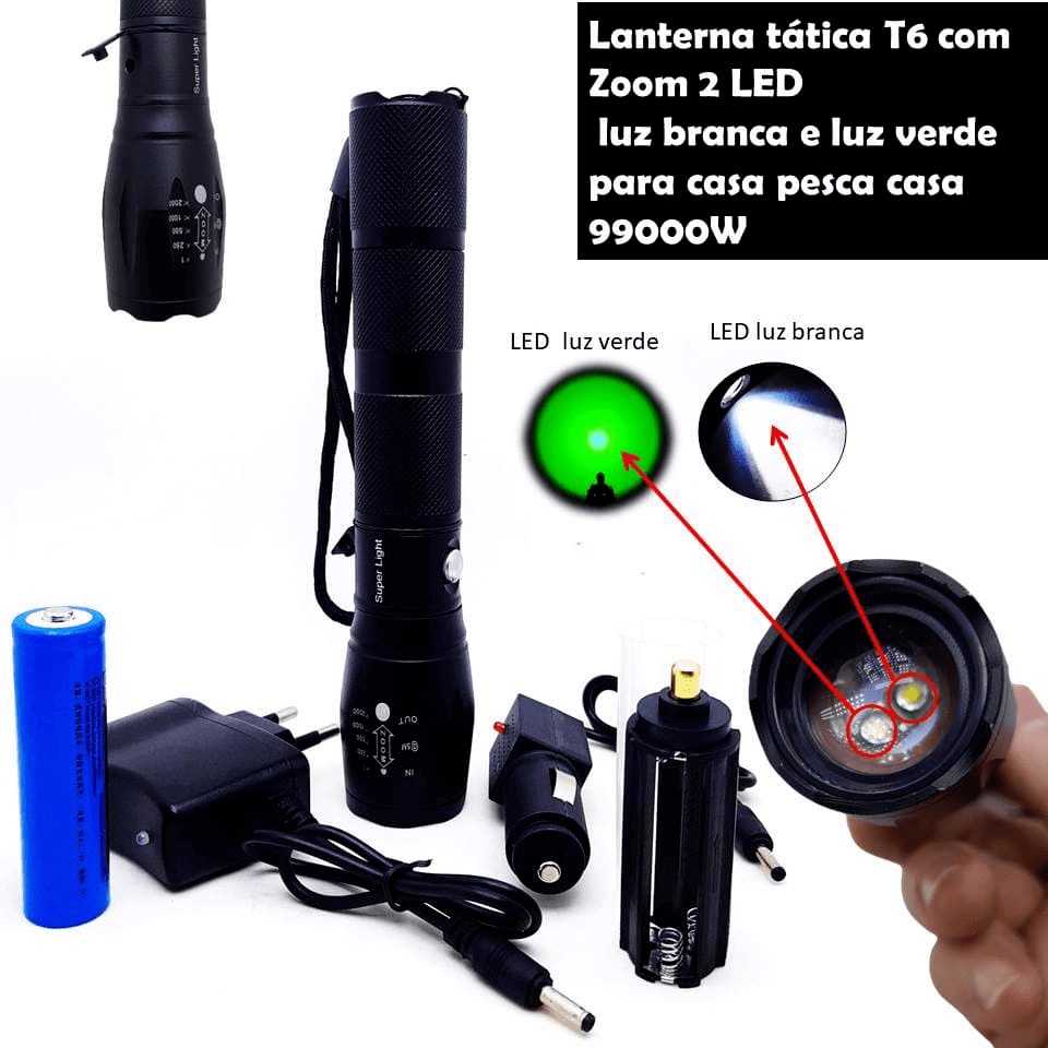 Lanterna Tática 99000W 2 Leds Luz Branca/verde T6 Foco Zoom