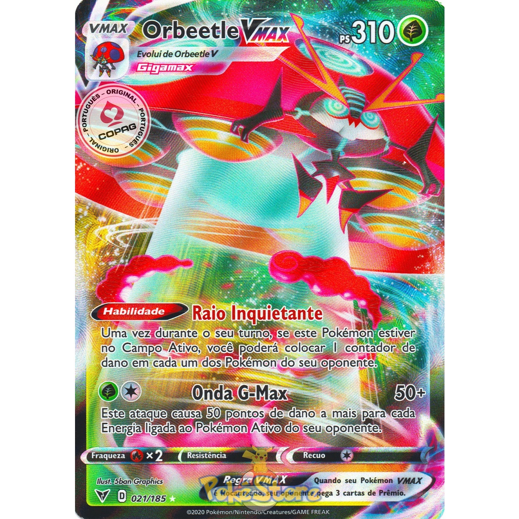 Carta Pokemon Orbeetle VMAX Portugus 21/185 186/185 Card Original Copag  Rainbow | Shopee Brasil
