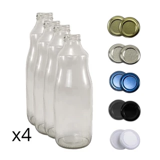Kit 4 Garrafa De Vidro 1 Litro Leite Suco Tampa Alumínio