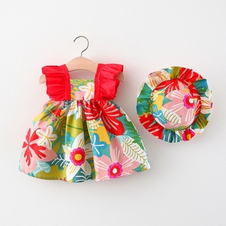 2022 Verão Nova Menina Vestido De Mangas Voadoras Fofas Saia De Festa Infantil Flor Boêmia Enviar O Mesmo Chapéu De Pano Para Bebê De 9 Meses-3 Anos