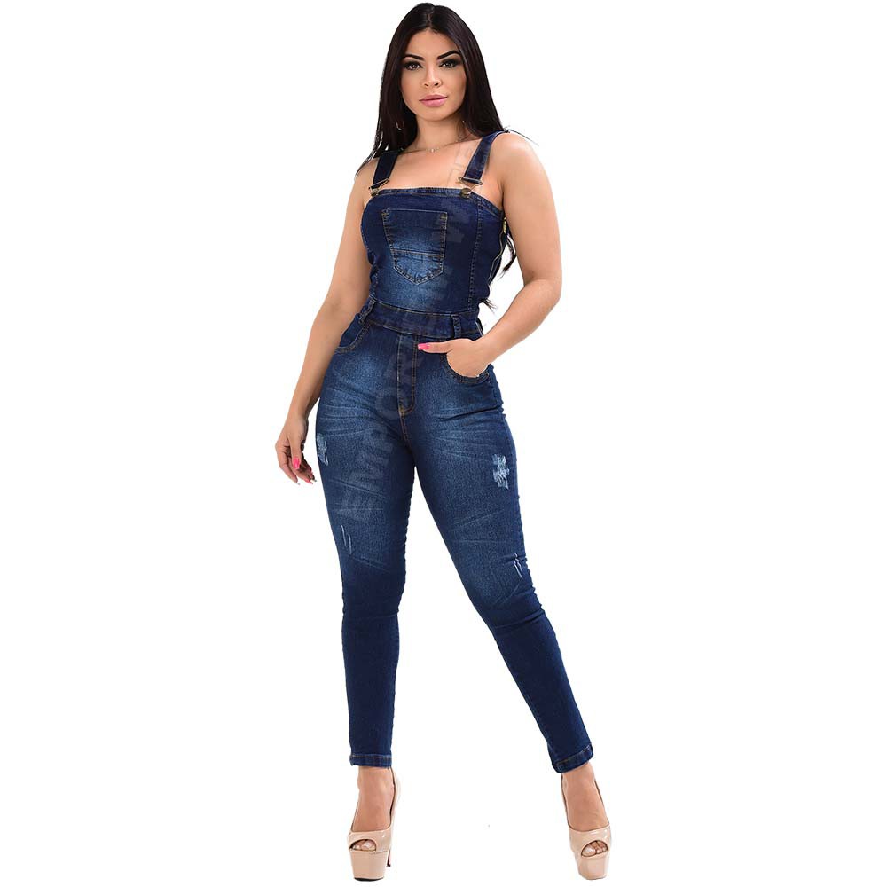 Macaquinho macacão jardineira jeans curto moda feminina - R$ 129.99, cor  Azul (de tecido) #131009, compre agora