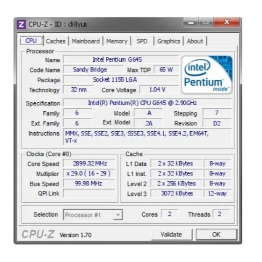 Processador Intel Pentium G645 Sr0rs 2.90ghz Lga 1155 2ª Geração