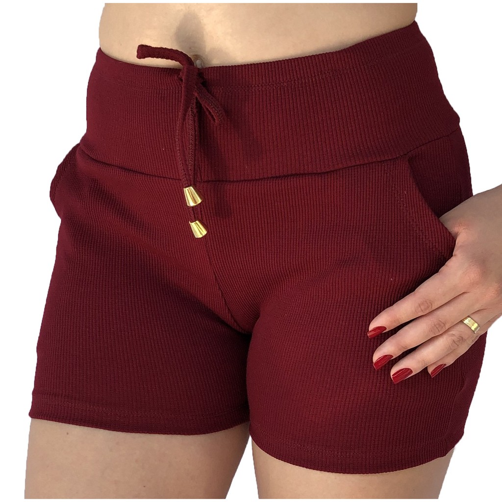 Short feminino Meia coxa cintura alta Canelado Bermuda feminina