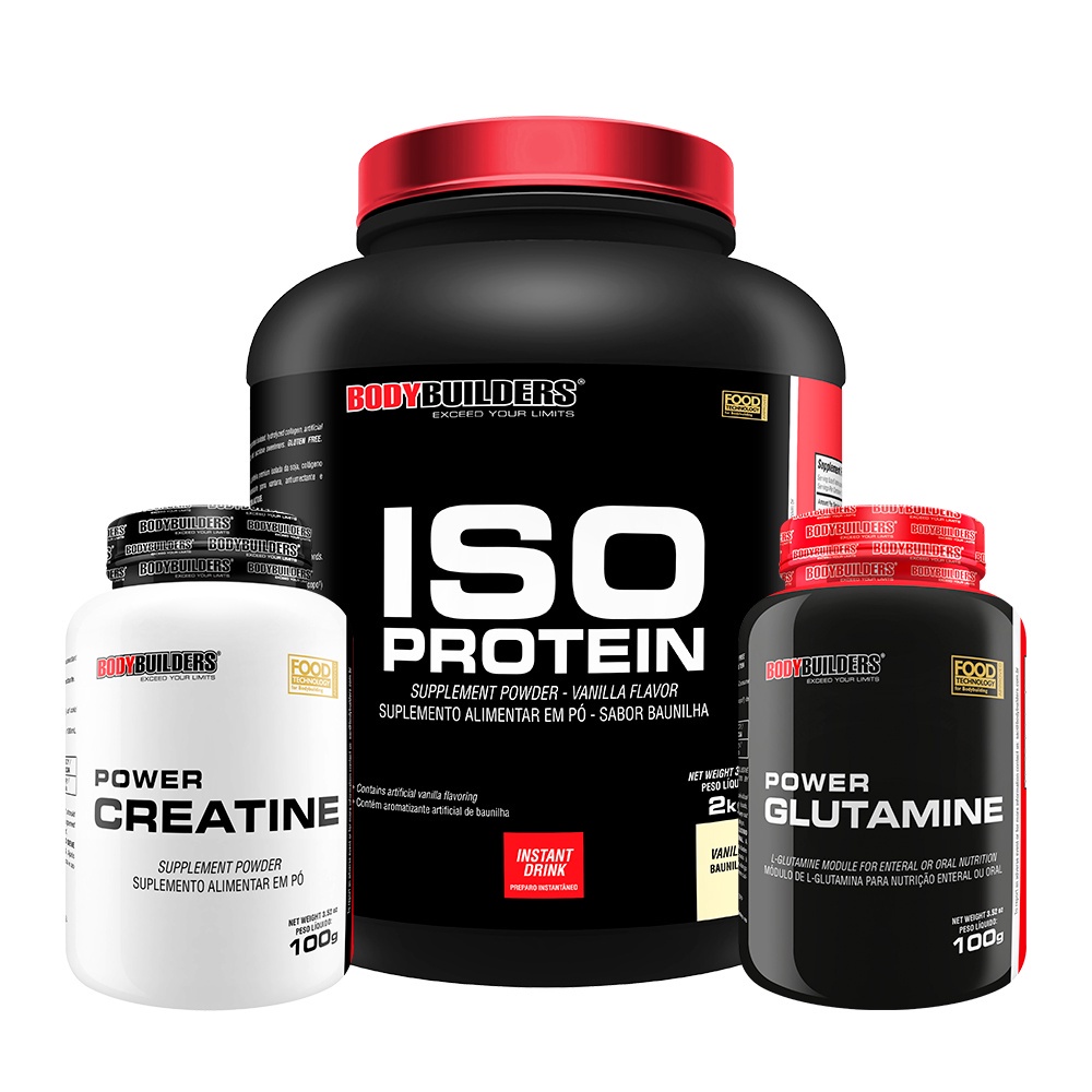 KIT Whey Protein Iso Protein 2kg + Power Creatina 100g + Power Glutamina 100g – Bodybuilders Suplemento para Definição e Força