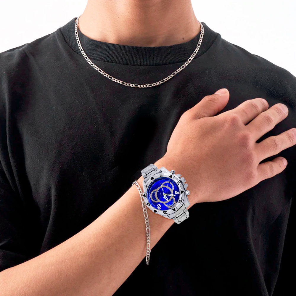 Conjunto relógio masculino + corrente e pulseira banhado prata