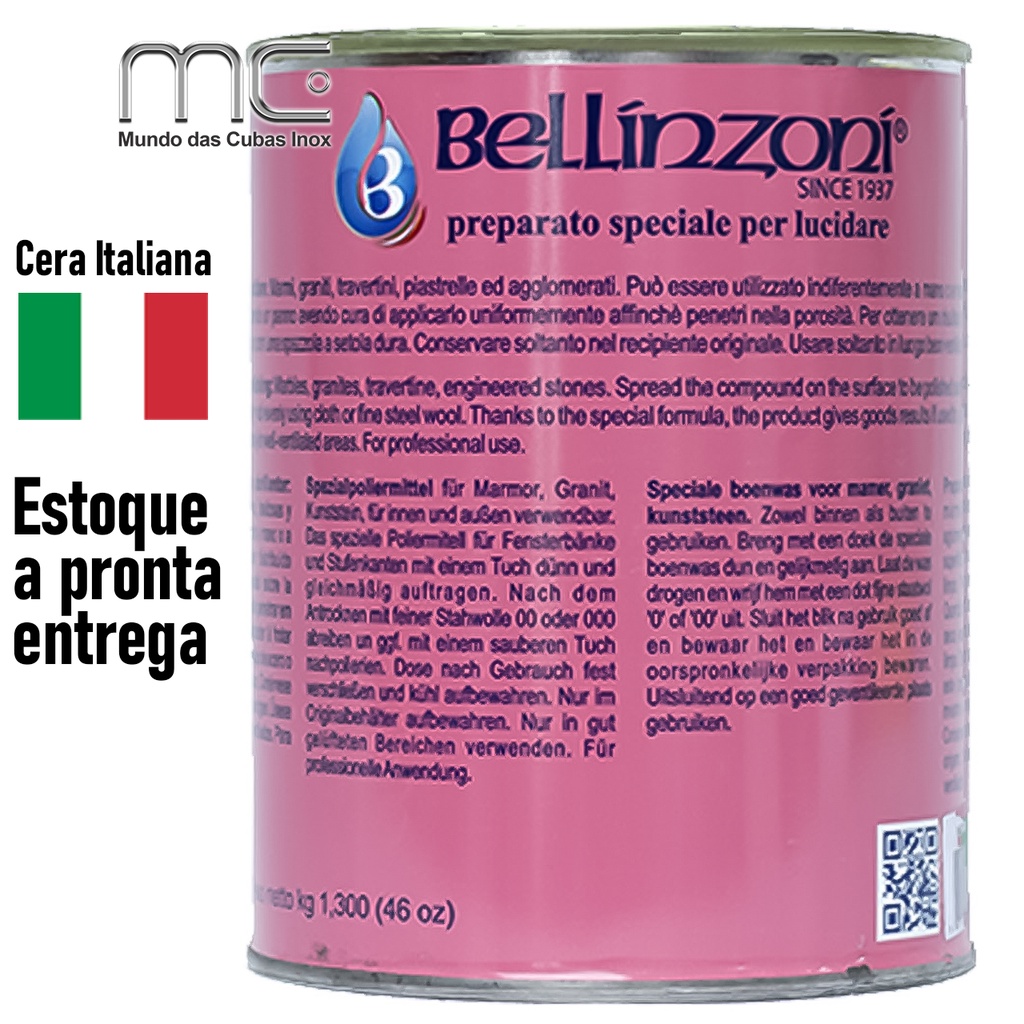 Cera Bellinzoni Pasta de Polimento Italiana Para Mármore, Granito e  Porcelanato - Incolor 1,3kg