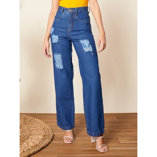 Calça Jeans WIDE LEG Rasgadin Moda Feminina