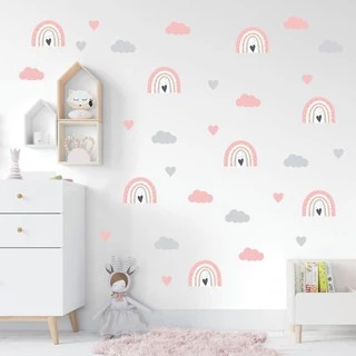 Adesivos de Parede Infantil Arco Íris, Nuvens e Corações Quarto bebe Decoração Fácil Aplicação