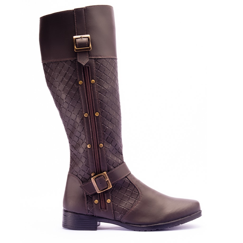 Bota Feminina Montaria Cano Alto Longo Ziper Lateral Marrom Salto Baixo ...