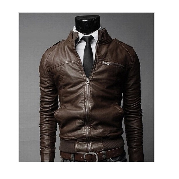 Men's Stand Collar Leather Jacket Motorcycle Lightweight Faux