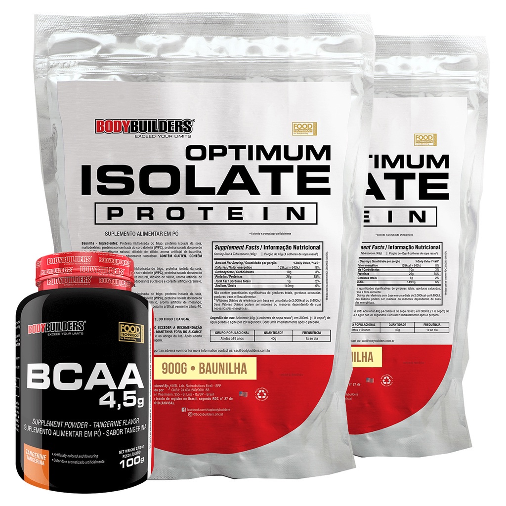 Kit 2x Whey Optimum Isolate Protein 900g + BCAA 4.5 100g – Kit Para Ganho de Massa Muscular Magra – Bodybuilders