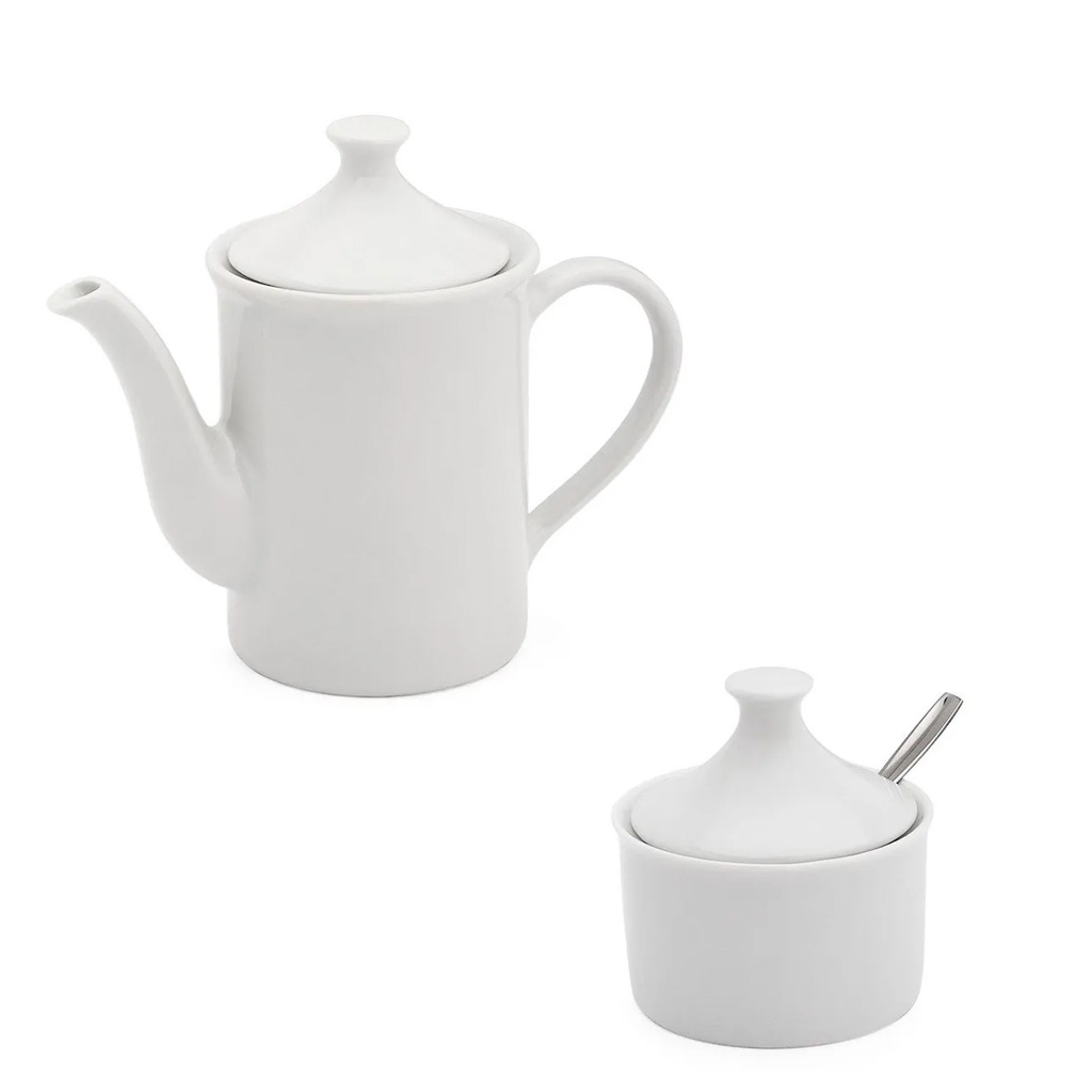 Jogo de chá com Bule e Açucareiro Porcelana Branca
