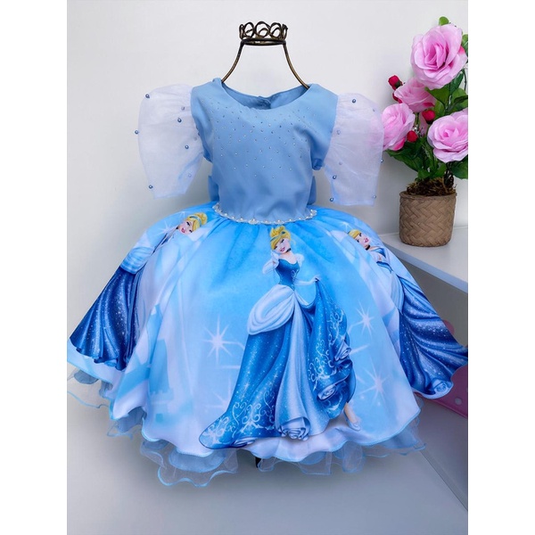 Vestido Infantil Cinderela Renda com Peitoral Bordado Azul de Festa  Aniversário Luxo