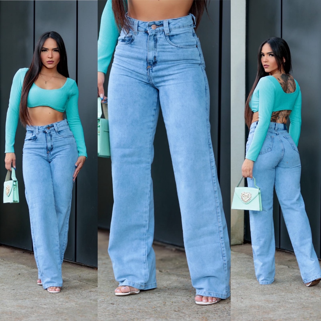Calça Jeans Clara Cintura Alta Perna Larga Shopee Brasil